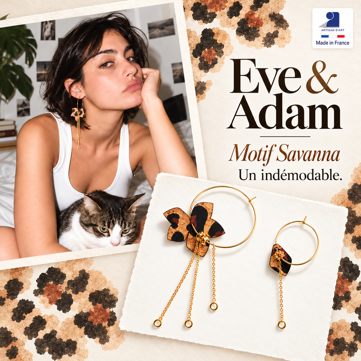 Boucles d’oreilles dépareillées motif léopard Eve & Adam Savanna, créoles dorées avec fleur en liège léopard et chaînettes