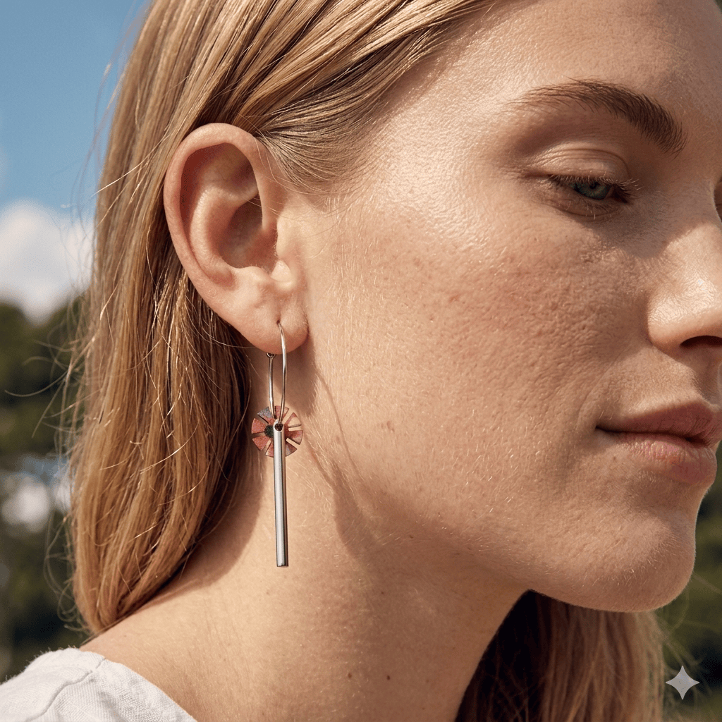 Boucles d'oreilles dépareillées florales argent sur modèle blond : petite fleur multicolore et tige argent
