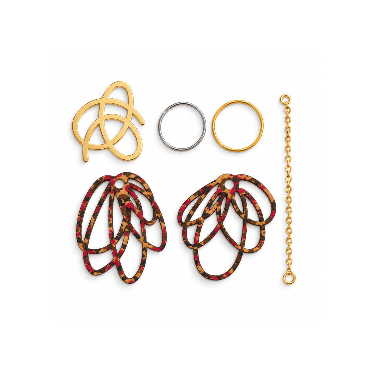breloques pour Boucles d'oreilles dépareillées Jane & Tarzan — liège ajouré léopard bordeaux et nœud doré sur créoles, chainette pendante, Matcha Bijoux