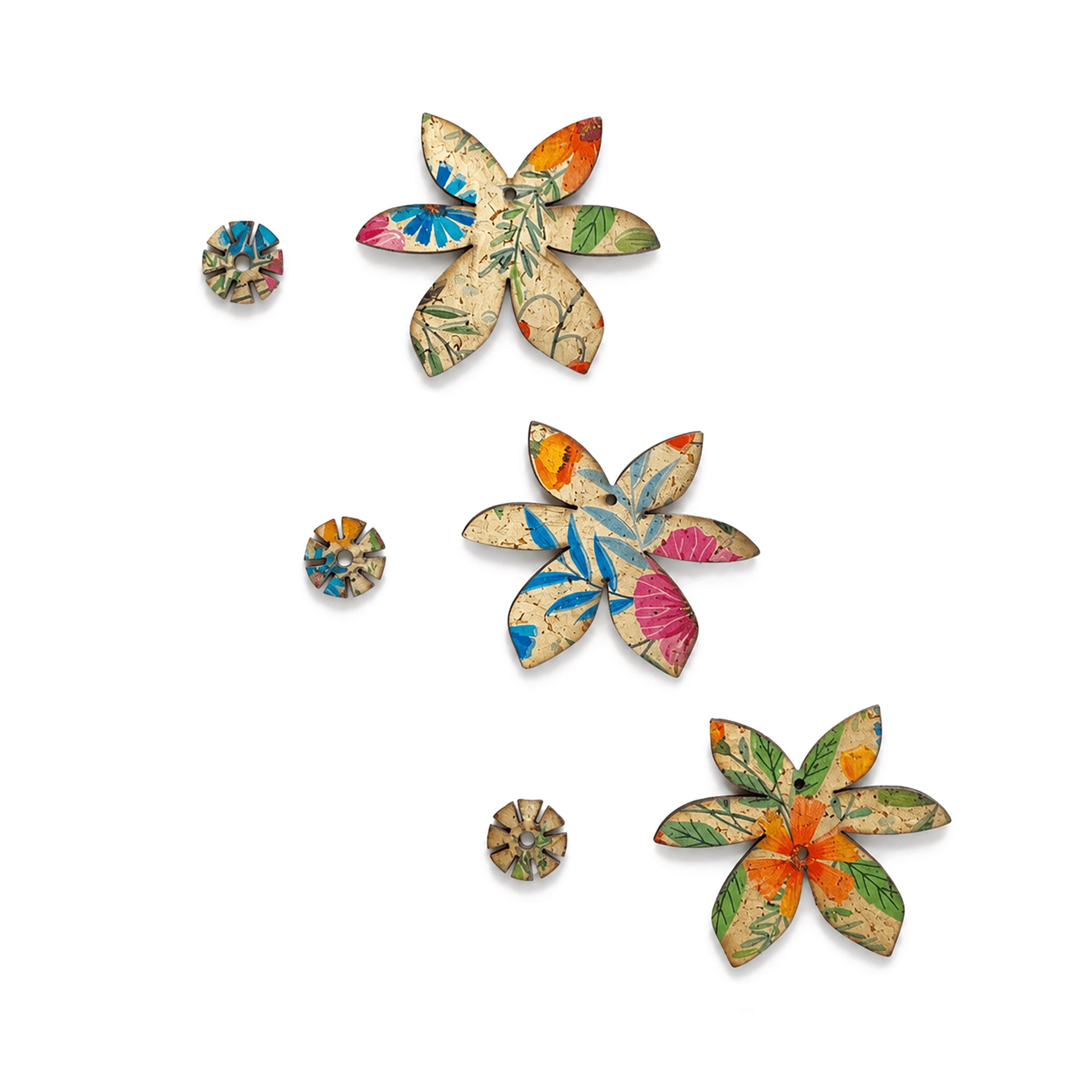 Boucles d'oreilles dépareillées Brangelina Champêtre — créoles asymétriques liège imprimé floral Matcha bijoux