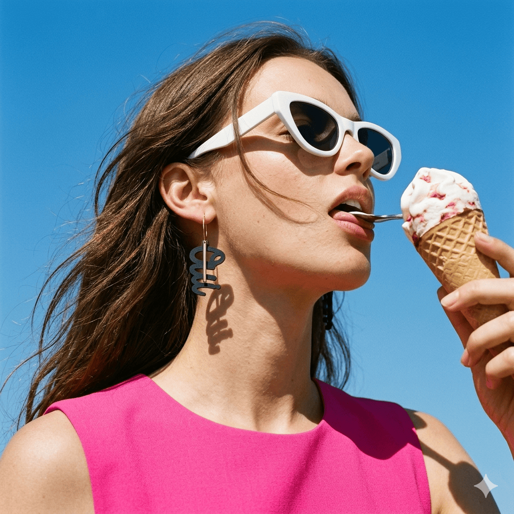 Modele femme blonde portant des creoles depareillees Oui en laiton dore, boucles d oreilles asymetriques graphiques et modernes.