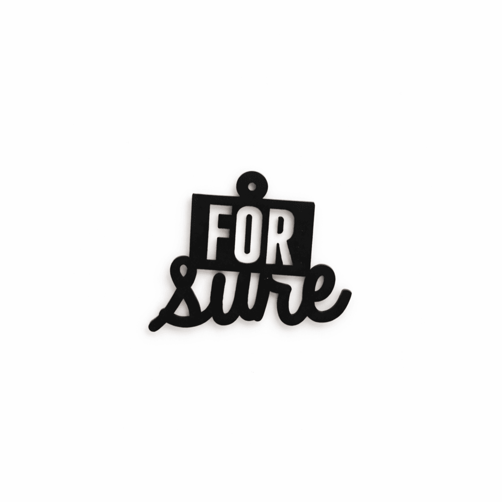Breloque message "For sure" en acrylique noir, pendentif pour boucles d’oreilles creoles interchangeables, bijou fantaisie humoristique et tendance pour femme.
