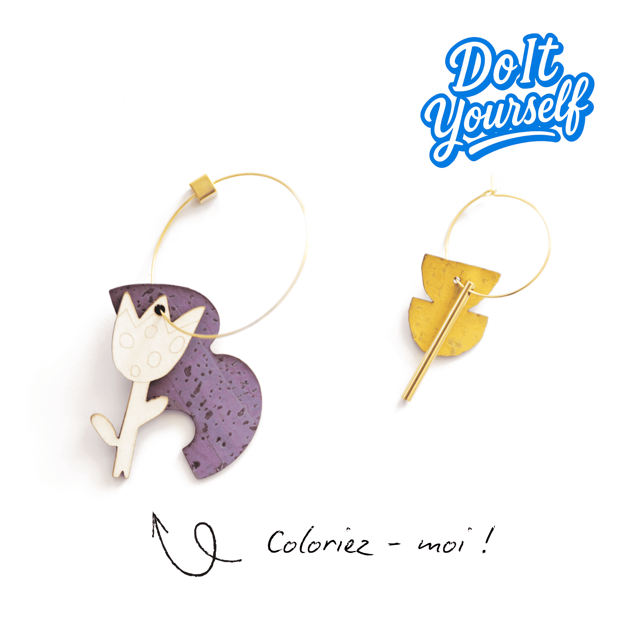 Créoles DIY Flower Matcha Paris – bijou à personnaliser en liège violet et jaune, design fleur en bois
