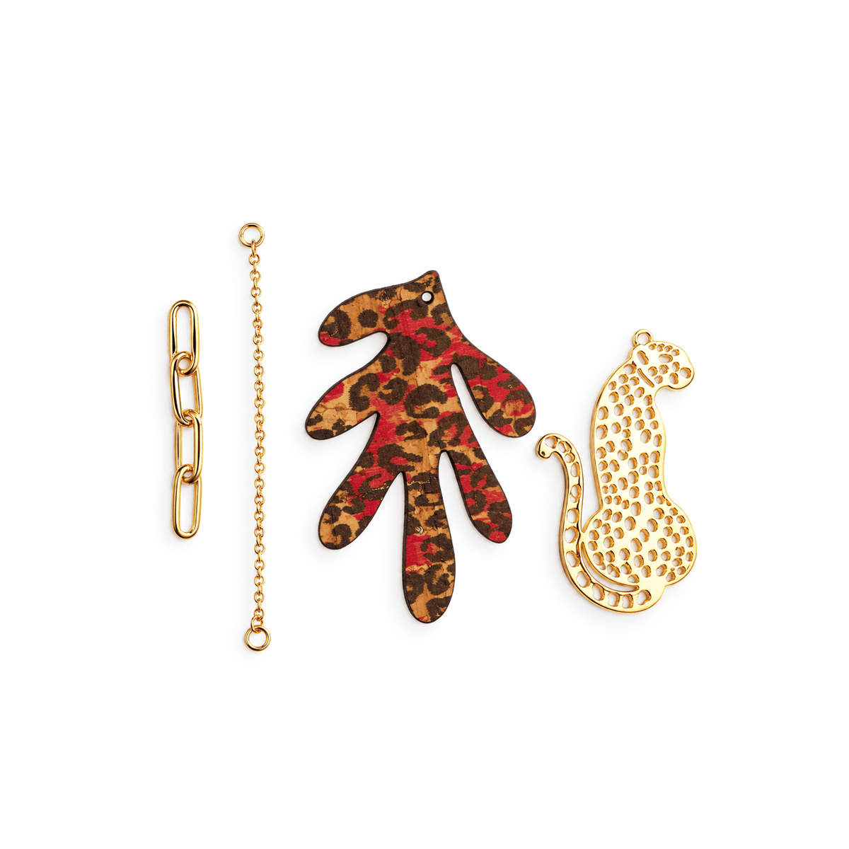 Boucles d'oreilles dépareillées Bagheera & Flower — feuille liège léopard bordeaux et guépard doré ajouré, créoles dorées — Matcha Bijoux