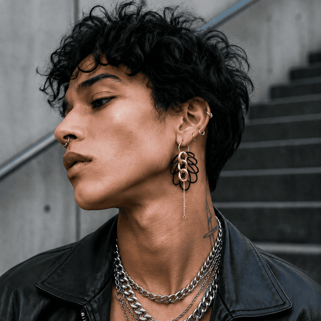 Homme portant boucles d oreilles rock asymetriques avec creoles argent, breloques noires graphiques et chaine fine, bijou createur style rock moderne et affirmé