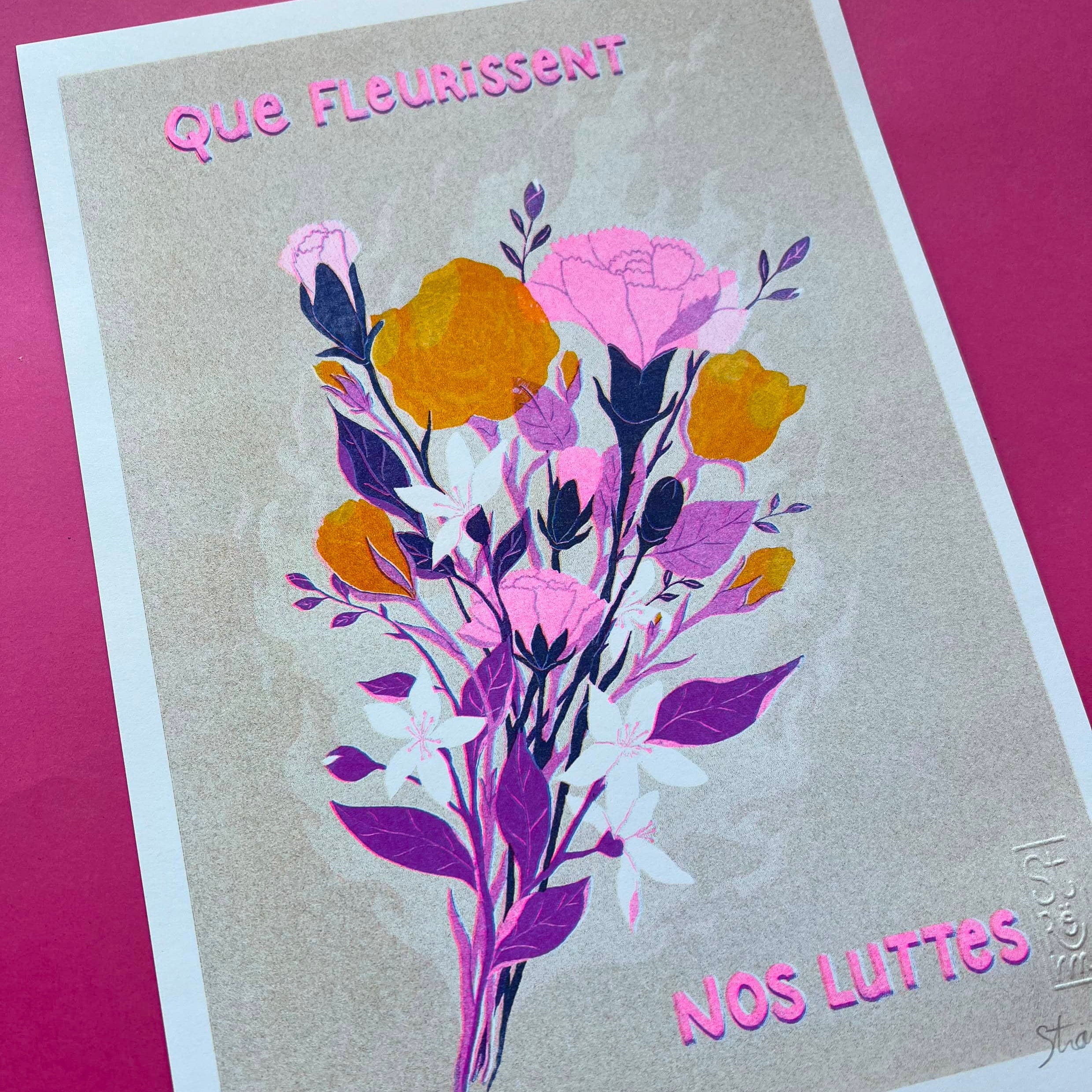 Affiche A4 risographie 4 couleurs "Que fleurissent nos luttes" détail — illustration florale signée STORM x Matcha Paris