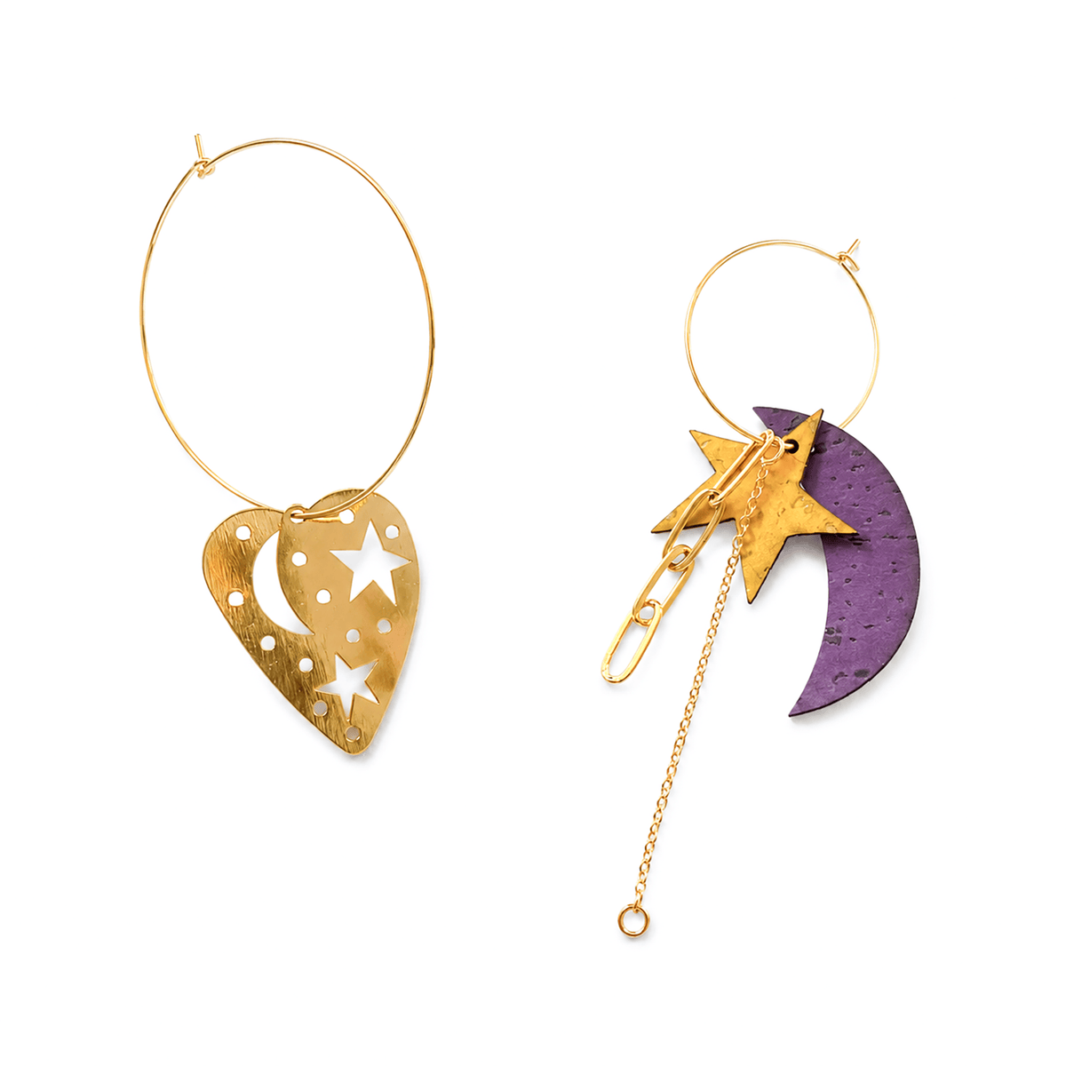 Boucles d'oreilles dépareillées Artémis & Orion, cœur doré ajouré et lune violette liège avec étoile jaune, Matcha Bijoux