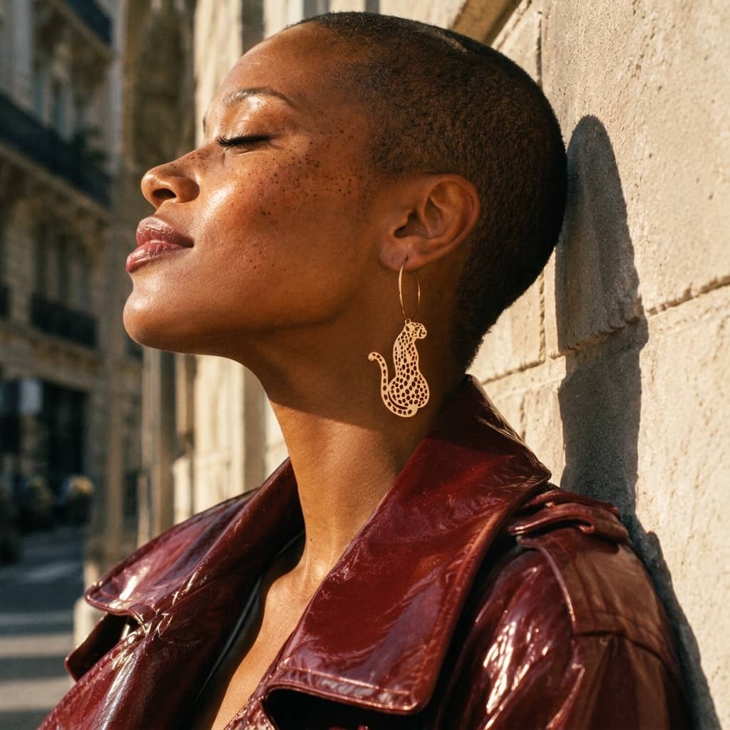 Femme portant la boucle d'oreille Bagheera & Flower côté guépard doré ajouré sur créole — boucles dépareillées Matcha Bijoux