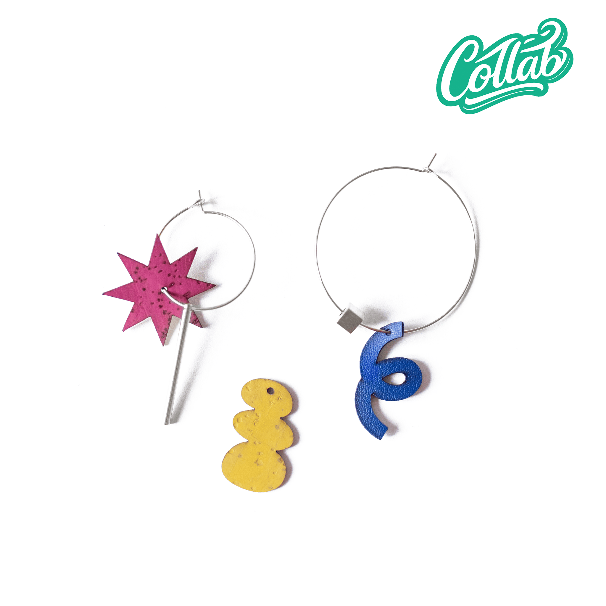 Collab exclusive avec Limistic : boucles d'oreilles dépareillées colorées en liège, fait main en France. Édition limitée 20 pièces. Dès 45€.