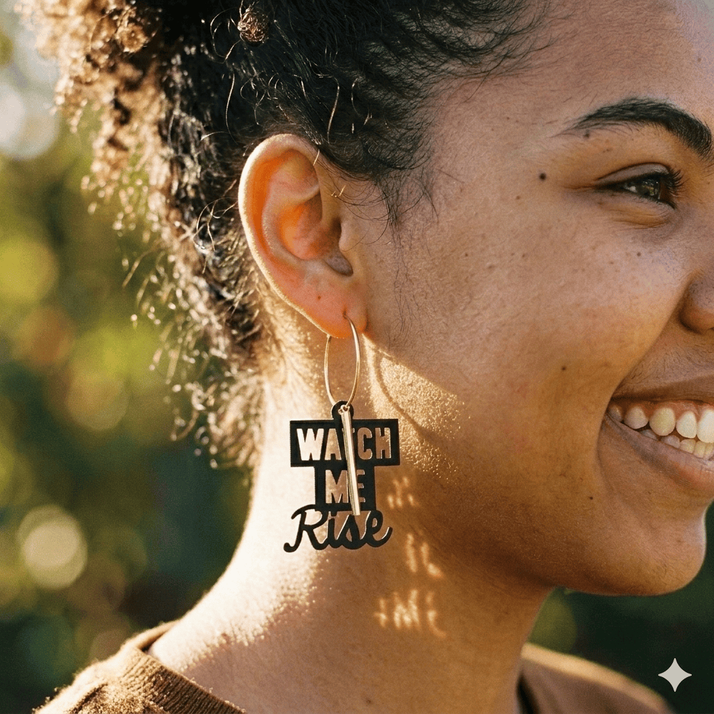 Femme portant boucles d oreilles creoles depareillees message Watch Me Rise, bijou feministe empowering, creoles interchangeables faites main en France.