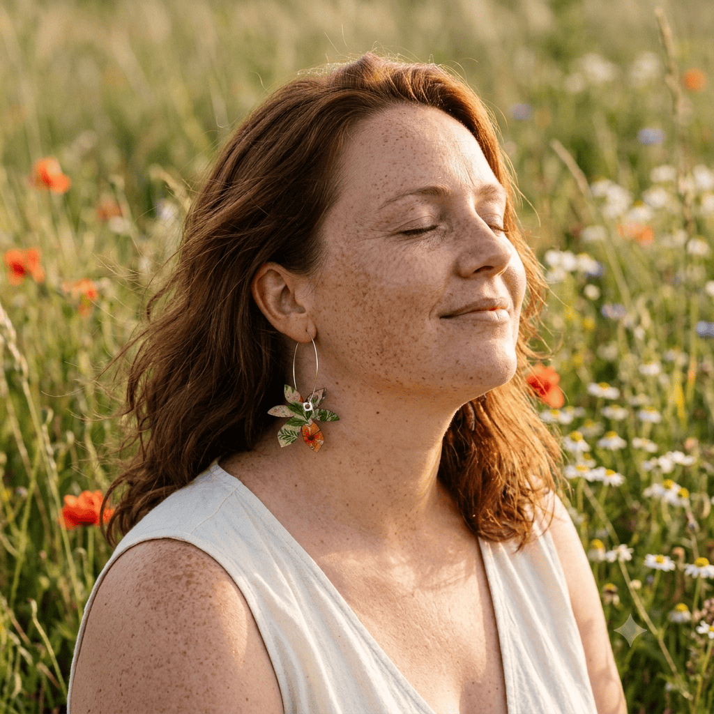 Boucles d'oreilles dépareillées Brangelina Champêtre portées — créoles liège imprimé floral Matcha Bijoux dans un champ de coquelicots