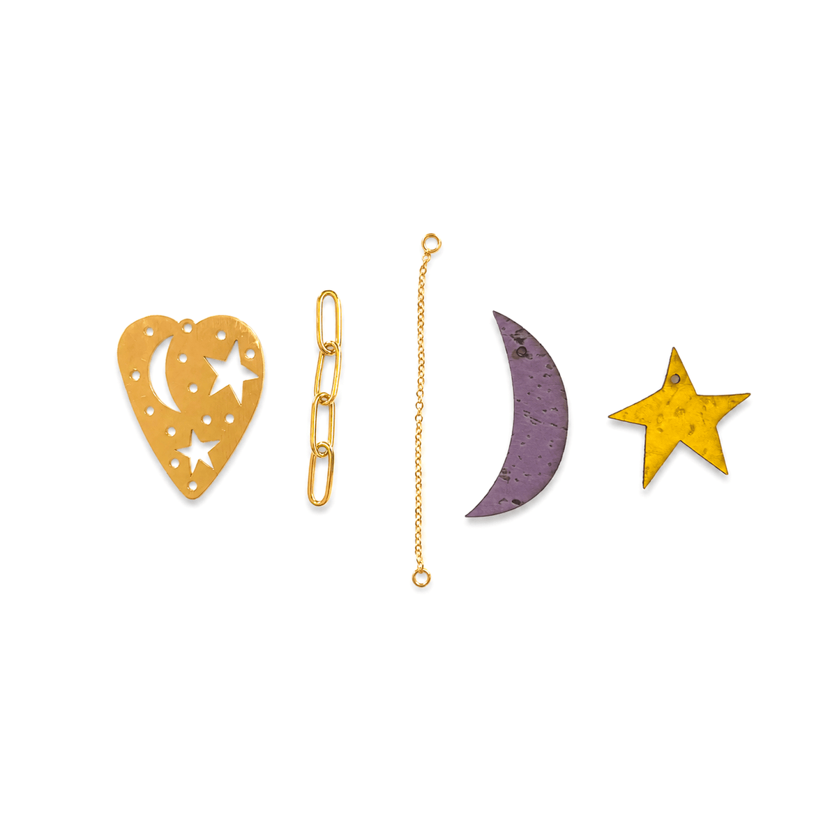 Breloques dépareillées Artémis & Orion, cœur doré ajouré, lune violette en liège, étoile jaune et chaînettes dorées, Matcha Bijoux