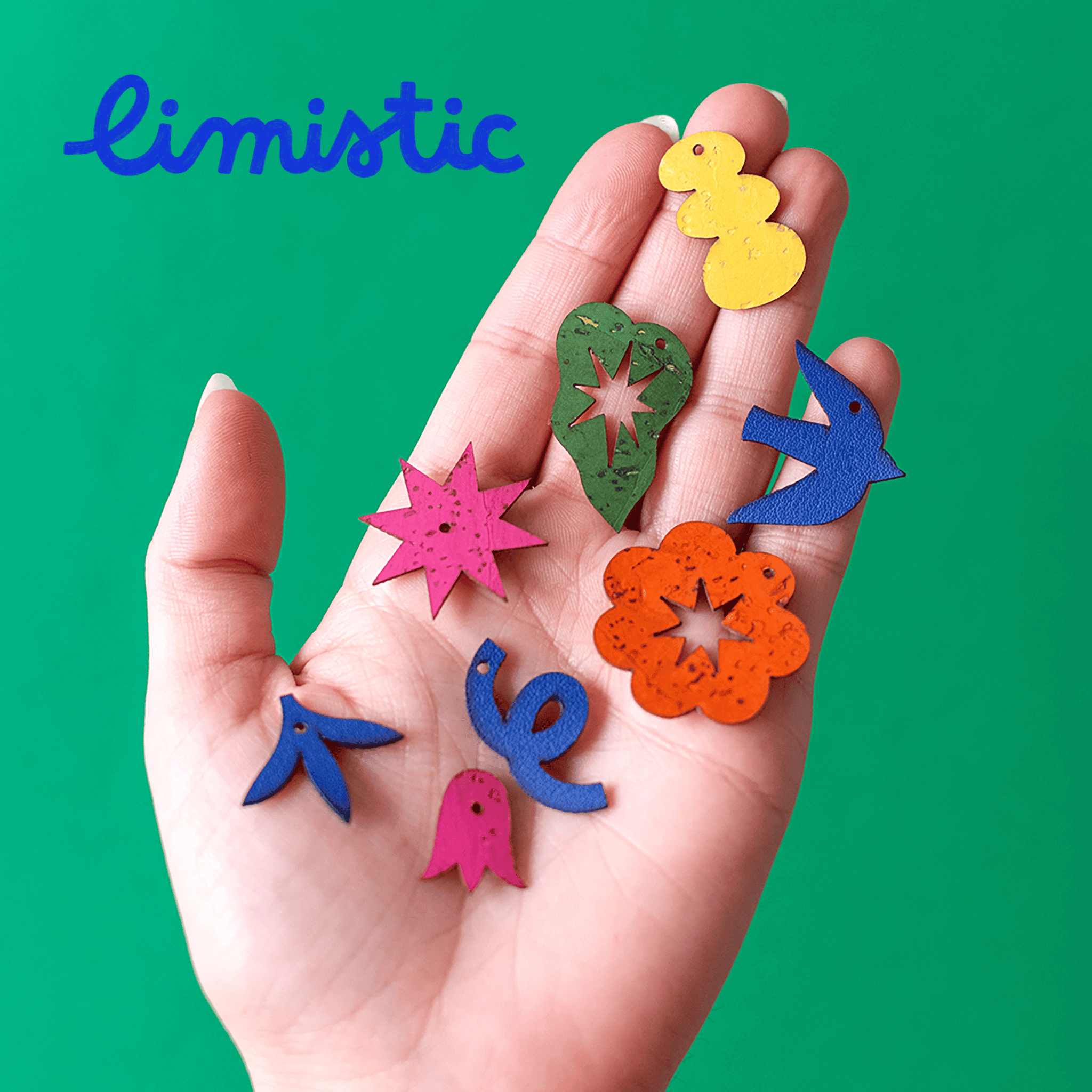 Toutes les breloques colorées de la collection collab Limistic x Matcha – boucles d'oreilles dépareillées liège fait main France