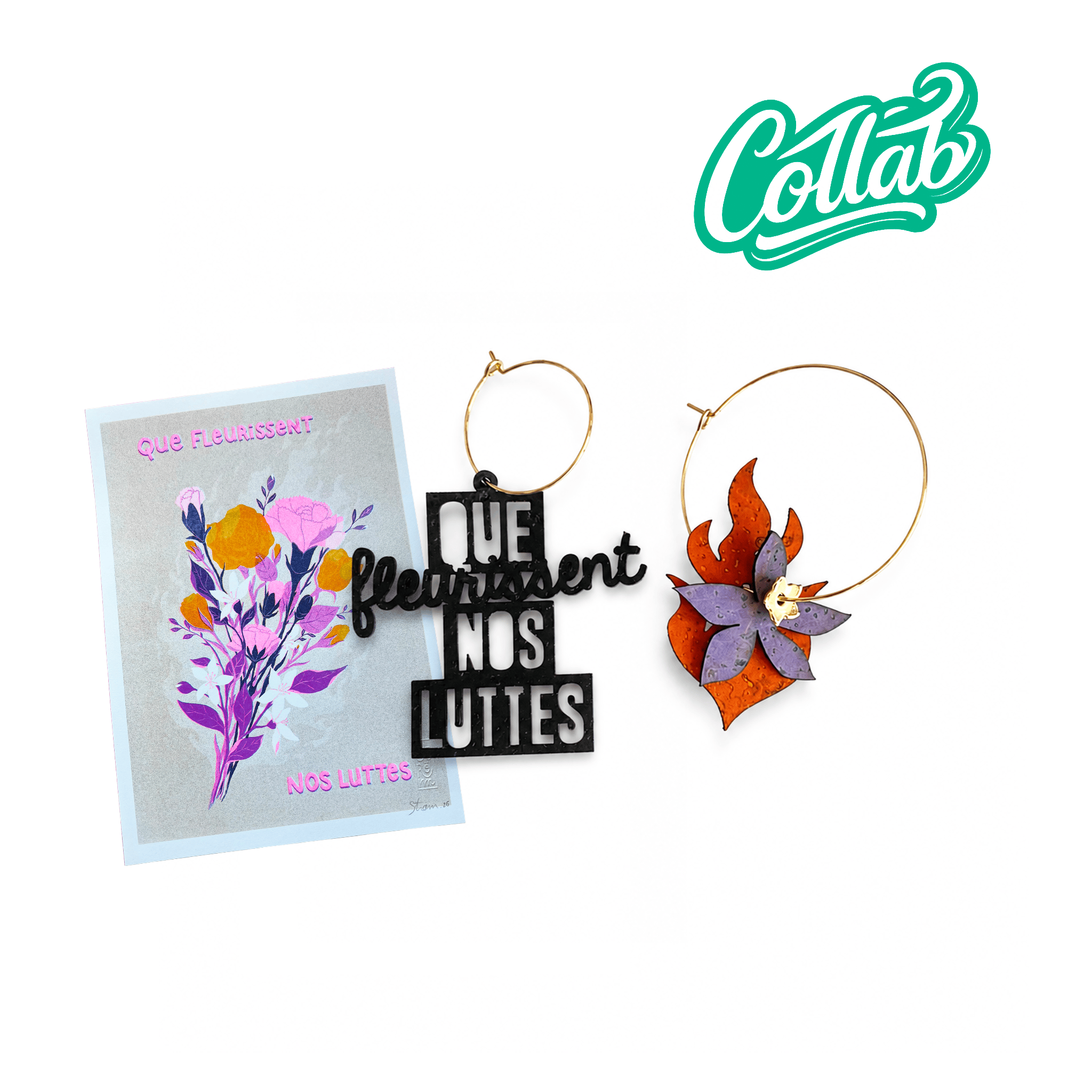 Coffret collector Collab STROM x Matcha Paris — affiche risographie Que fleurissent nos luttes et boucles d'oreilles dépareillées