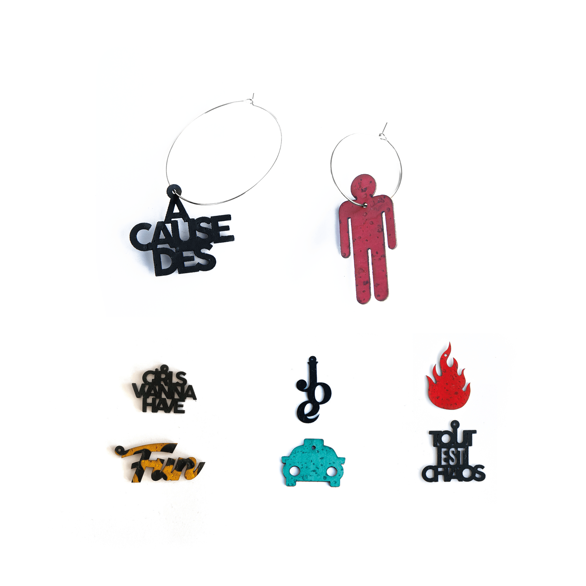 Coffret essentiel boucles d'oreilles dépareillées chansons cultes argent– breloques liège et acier inox – Matcha Bijoux
