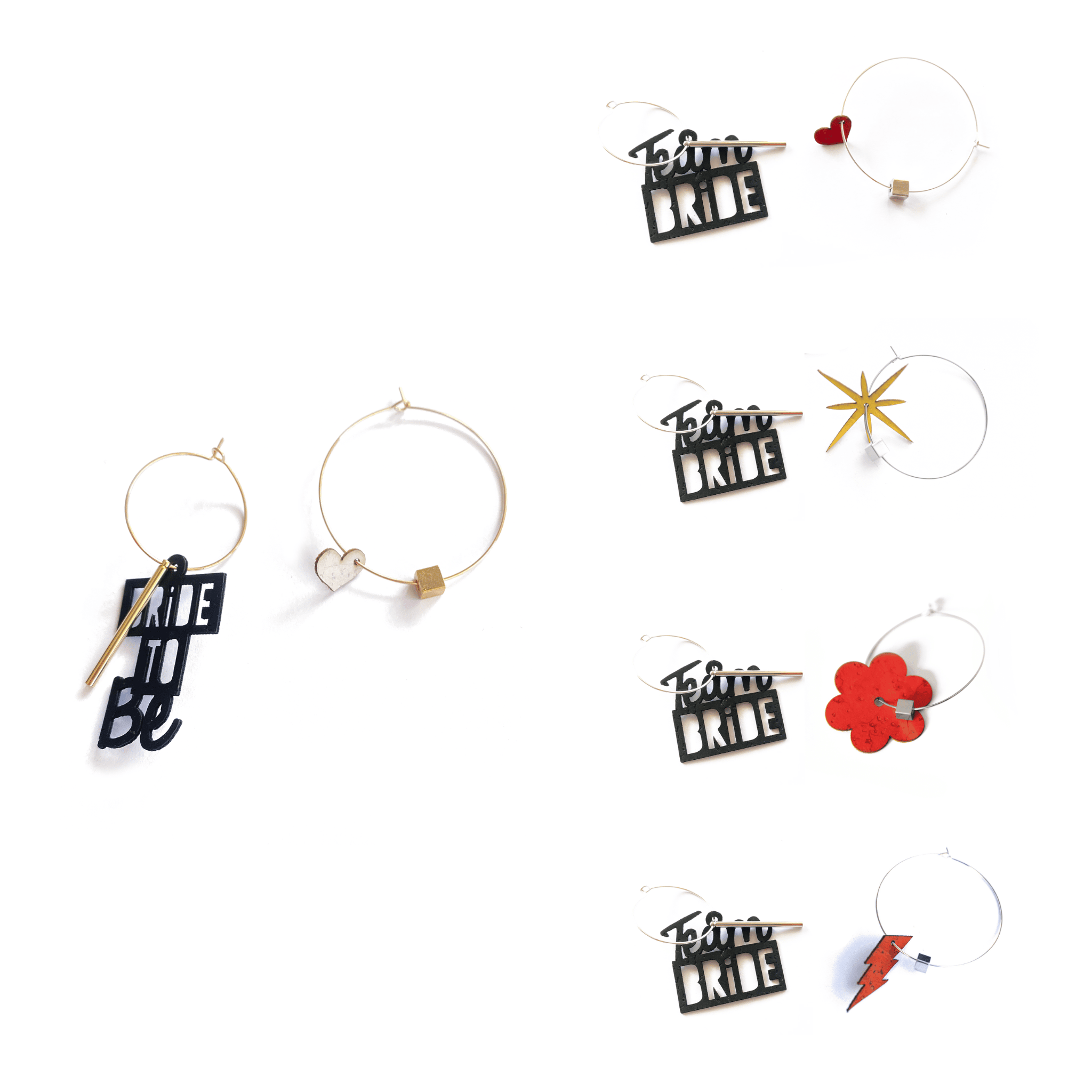 Coffret EVJF boucles d'oreilles dépareillées : créoles dorées Bride to Be et Team bride avec charms cœur, fleur, éclair et étoile, bijou mariage artisanal rock.