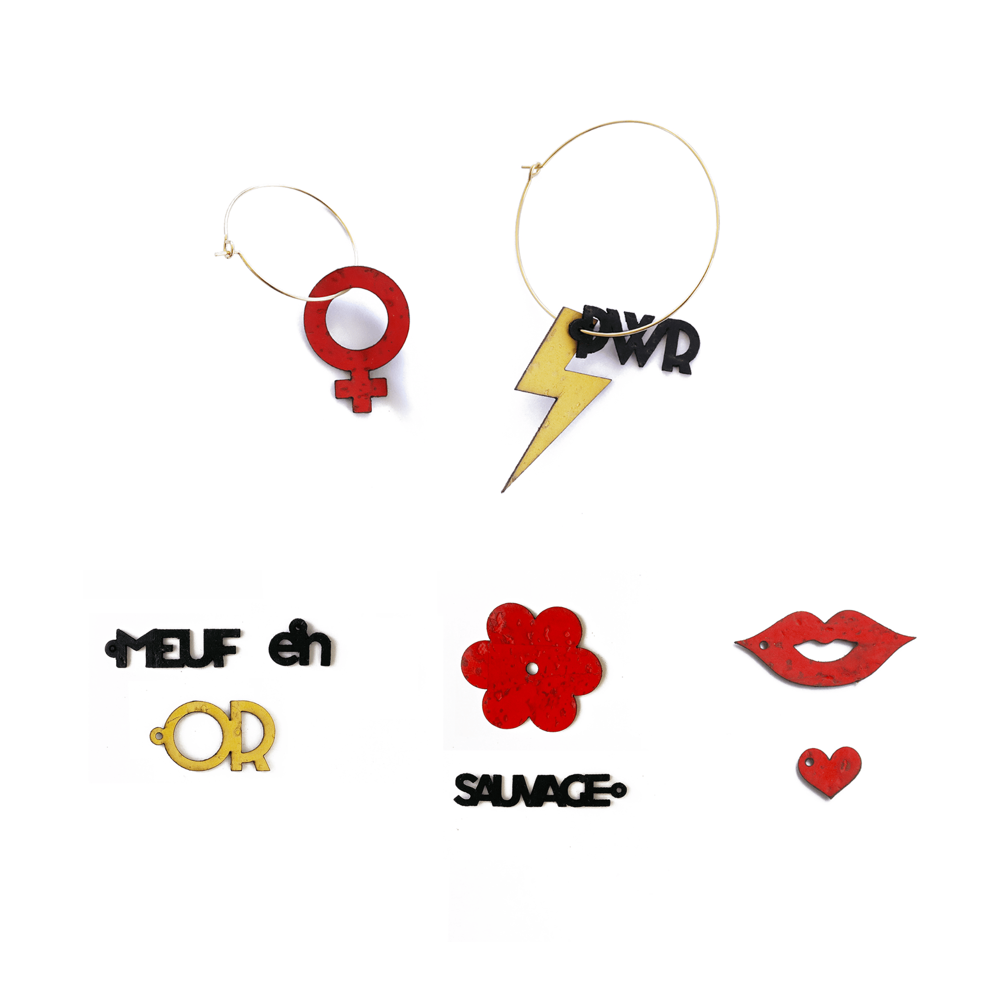 Coffret Wonder Woman doré boucles d'oreilles dépareillées féministes – breloques liège et acier inox – Matcha Bijoux