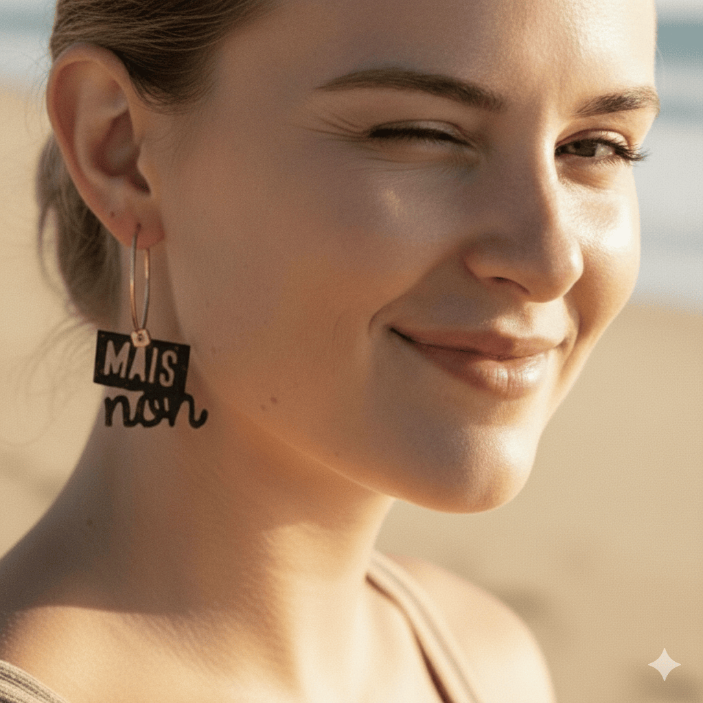 Femme portant des boucles d oreilles depareillees Mais non, creoles asymetriques en laiton dore avec message graphique noir, bijou original et tendance.