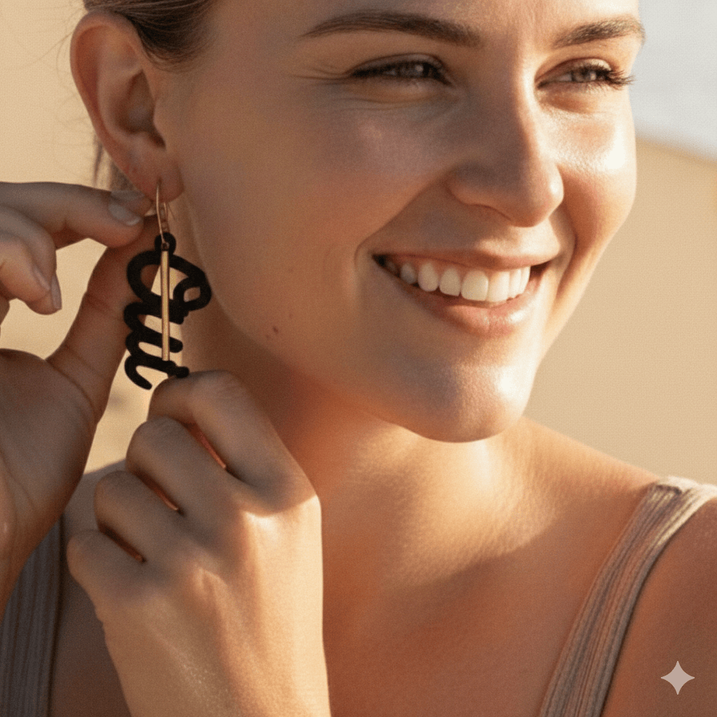 Modele femme blonde portant des creoles depareillees Oui en laiton dore, boucles d oreilles asymetriques graphiques et modernes.