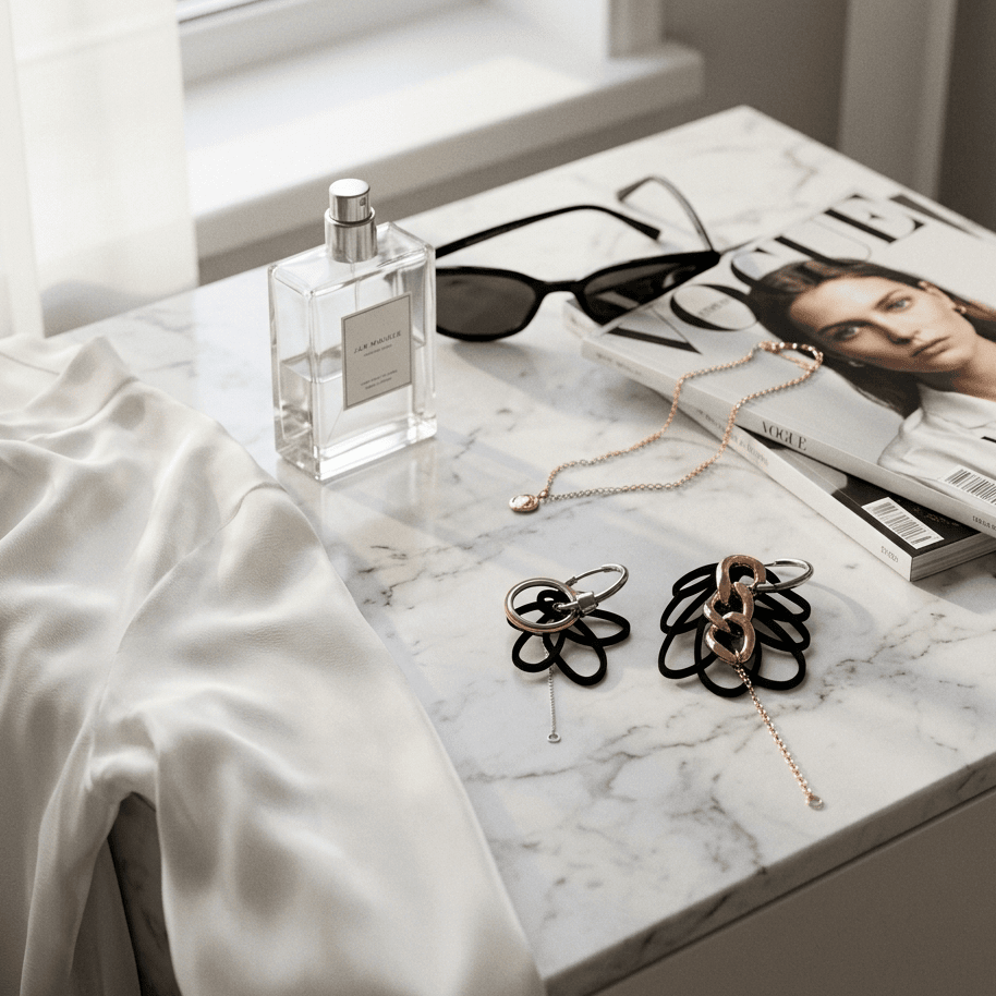 Boucles d oreilles fantaisie femme asymetriques avec creoles argent, breloques noires graphiques et chaine doree pendante, style rock bijou createur original artisanal style moderne et affirmé